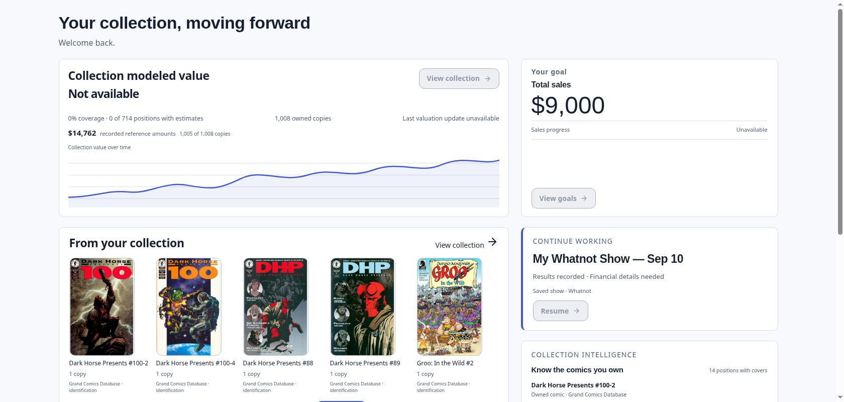 Home component-based design preview with real collection covers, an illustrative chart and an unsaved $9,000 goal.
