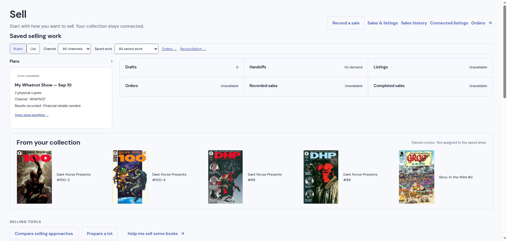 Sell component-based design preview. Saved-show data and separate owned collection covers; no cover association is implied.